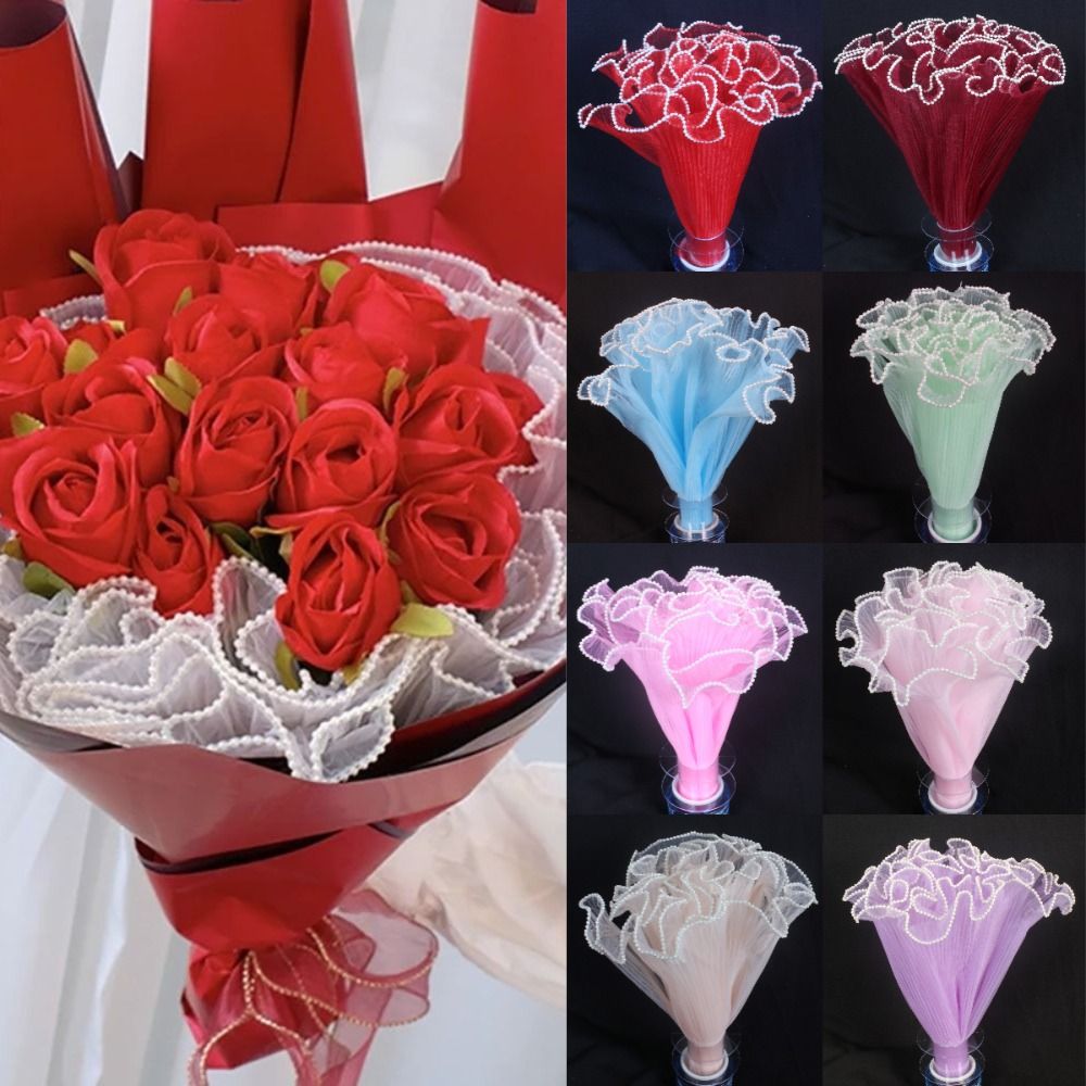 Florist Supply House - 28cmx4Yards Blumenstrauß-Verpackungsspitze, Netzstoff mit Perlenkanten, Geschenkverpackungsmaterial,